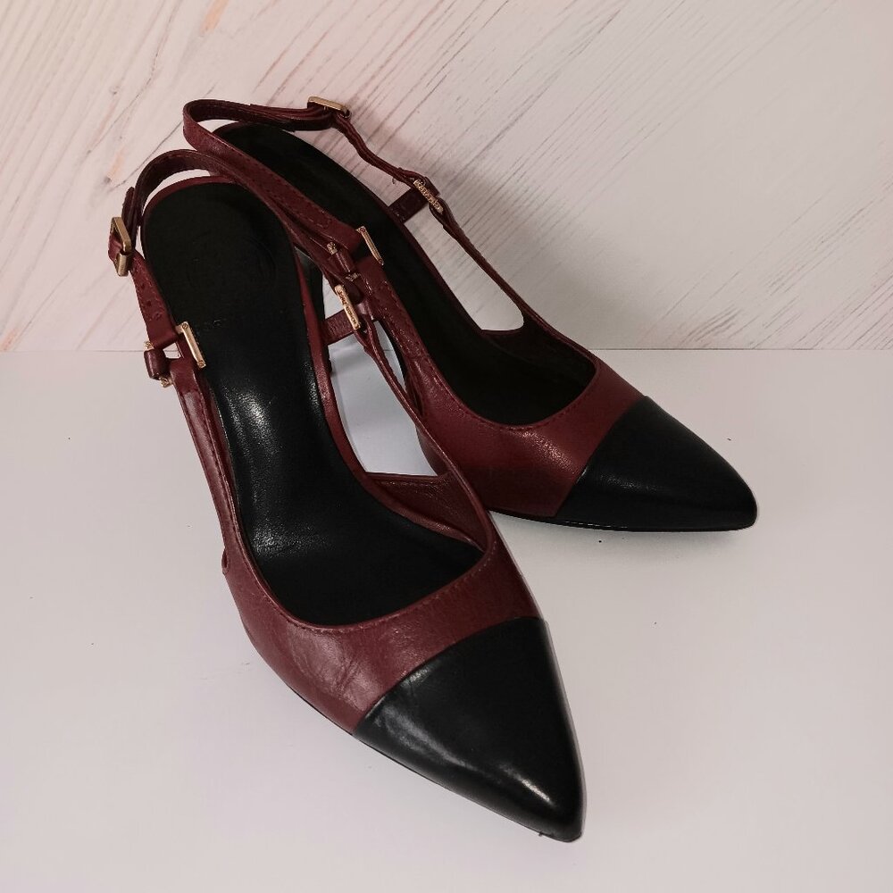 Tory Burch Burgundy and Black Pointed Slingback Heels